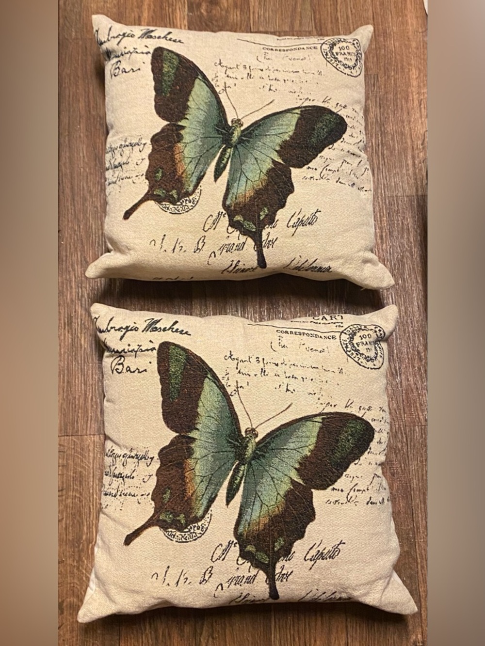 Set Lot Of 2 Vintage Butterfly Throw Pillows 16” Square Beige Postage Stamp